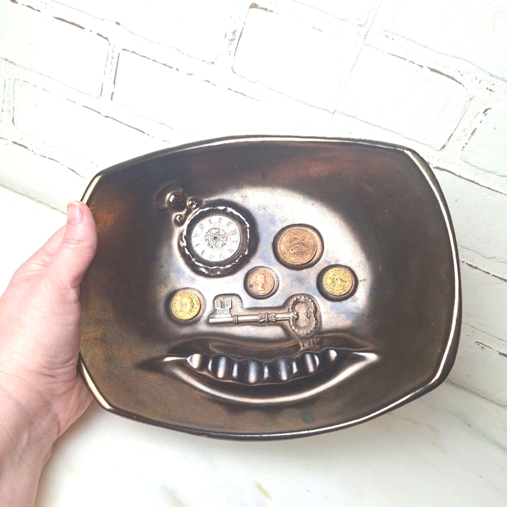 MCM Hayden Lewis Ashtray  "Keys And Coins" Brown Copper Glaze